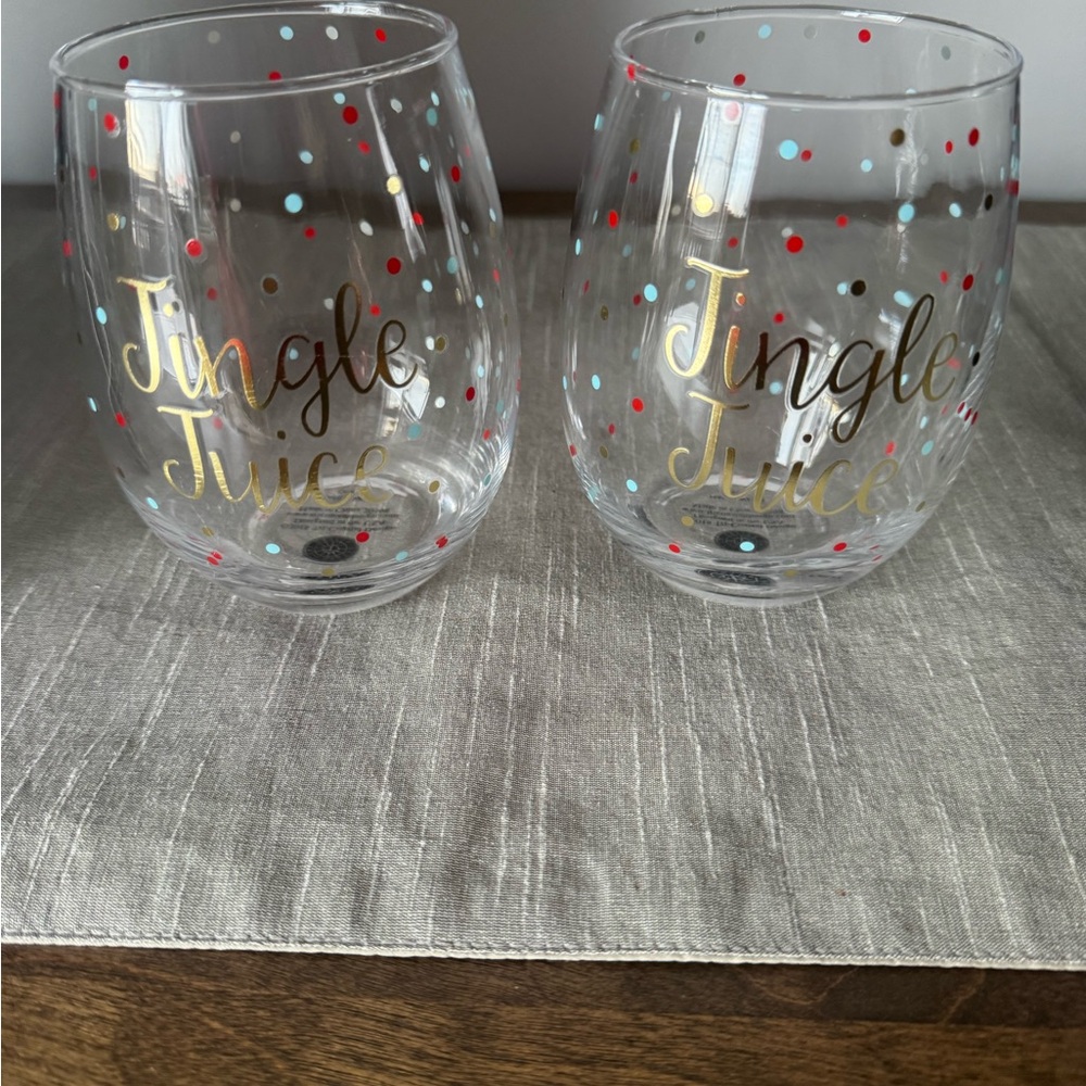 Festive Polka Dot hand painted Jingle Juice Stemless Glasses. Set of 2